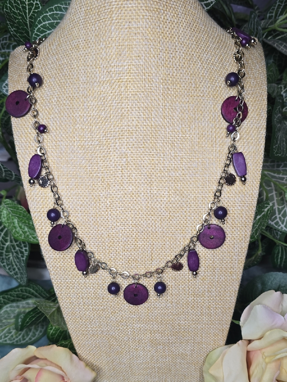 Chico's  Purple Bead & Wooden Disc Charm Gold-tone Necklace